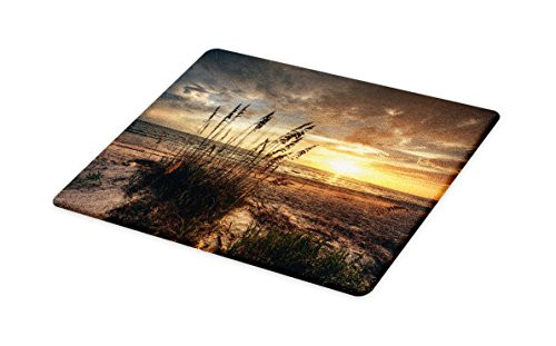 Lunarable Beach Cutting Board, Calm Coastal Scene with Horizon in The Middle of Nowhere Cloudy Sunset Ocean Picture, Decorative Tempered Glass Cutting and Serving Board, Small Size, Tan Yellow