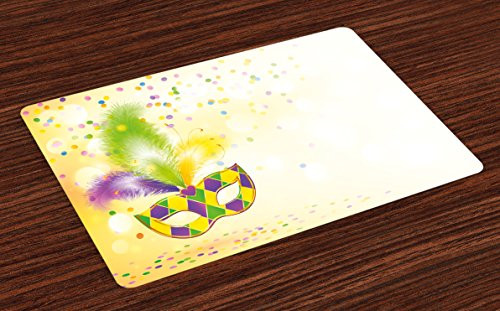 Ambesonne Mardi Gras Place Mats Set of 4, Festival Mask with Ornamental Feathers Colorful Dots Party, Washable Fabric Placemats for Dining Table, Standard Size, Yellow Purple