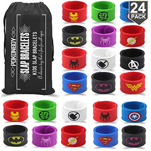 POKONBOY Superhero Slap Bracelets for Kids Party favors - 24 Pack Slap Bracelets for Boys Girls Kids Super Hero Birthday Party Favors Supplies Carnival Boys Prizes