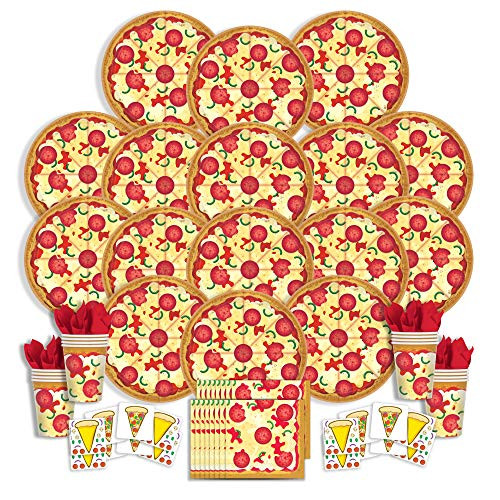 B-THERE Pizza Party Supplies Any Occasion Party Pack - Seats 16: Napkins, Plates, Cups and Stickers - Childrens Pizza Party Supplies