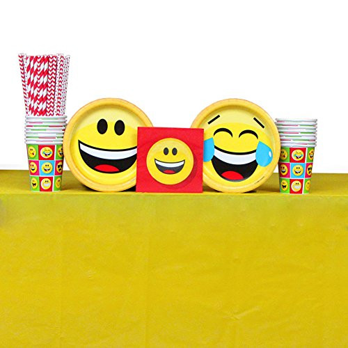 Emoji Birthday Party Tableware and Decor Party Supplies Pack: Straws, Dessert Plates, Beverage Napkins, Cups, and Table Cover (Serves 16 Guests)