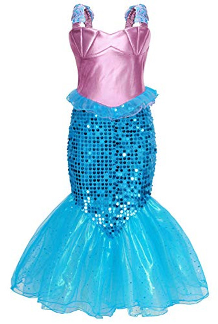 AmzBarley Mermaid Costume for Girls Fancy Dress Up Halloween Princess Ariel Sequins Birthday Theme Party Outfits Size 6 (5-6Years)