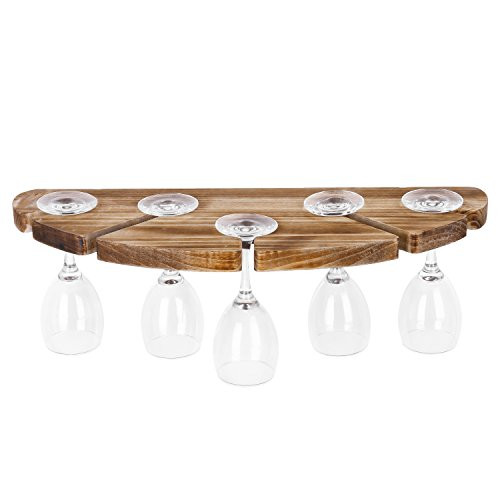 MyGift Rustic Burnt Wood Wall-Mounted 5-Stemware Wine Glass Rack