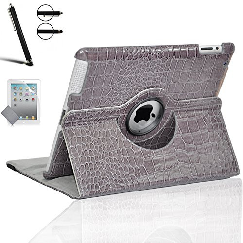 Zeox iPad Air 2 Case - 360 Degree Rotating Stand Case with Smart Cover Auto Sleep/Wake Feature for Apple iPad Air 2 (iPad 6) 2014 Model with Screen Protector Cover and Stylus Pen, Crocodile Gray