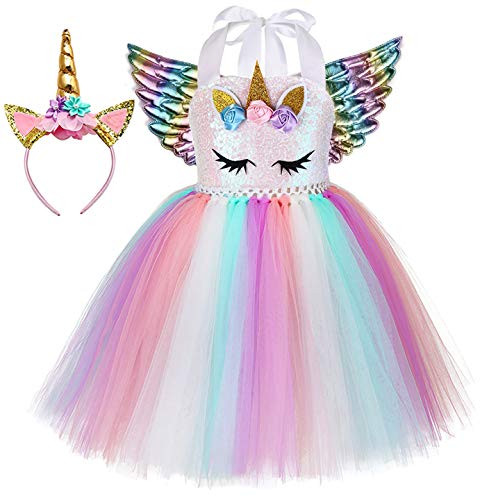 Tutu Dreams Halloween Unicorn Costumes Baby Girls Wings Headband Tutu Outfit Unicorn Party Favors Supplies (Unicorn Dress+Rainbow Wings, Small(1-2 Years))