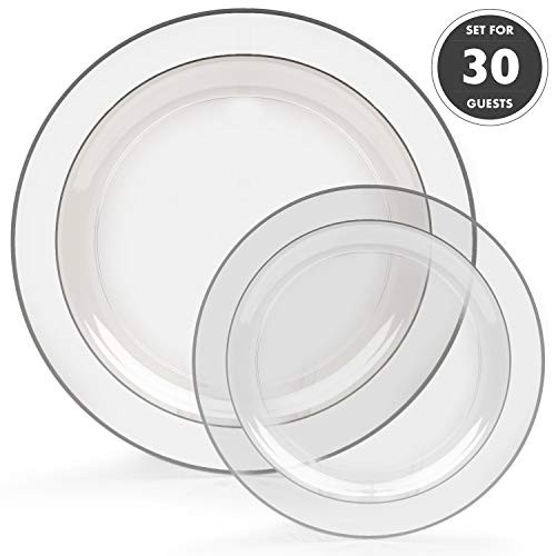 60 Silver Rim Plastic Plates Set - Bulk Clear, Silver Rimmed Dinner & Salad Disposable Plates for Wedding or Party 60 Silver Rim Plastic Plates Set - Bulk Clear, Silver Rimmed Dinner & Salad Disposable Plates for Wedding or Party