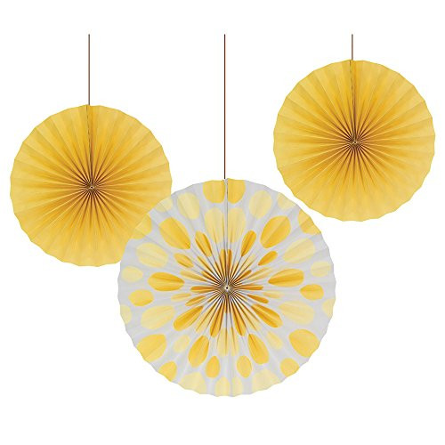 Creative Converting 324494 18-Count Solid and Polka Dots Paper Fans 12-Inch/16-Inch, School Bus Yellow