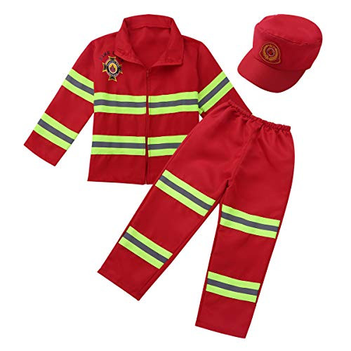 ACSUSS Kids Boys Girls Firefighter Fireman Outfit Costume Role Play Cosplay Fancy Dress Up with Hat Set Red 5-6