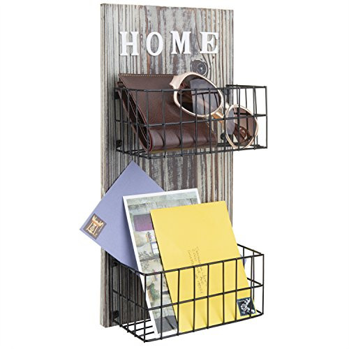 MyGift Rustic Torched Wood Wall-Mounted 2-Tier Metal Wire Mail Sorter