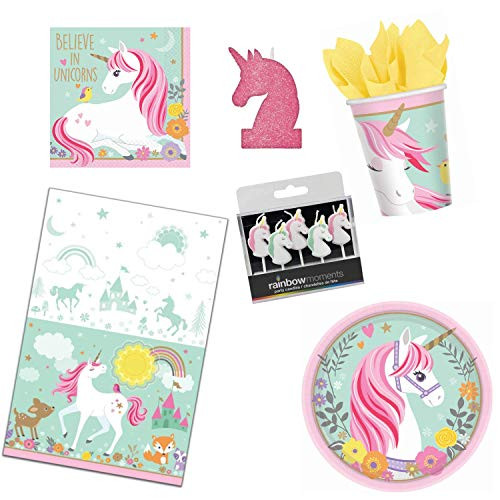 ParteePak Magical Unicorn 1st Birthday Party Bundle with Candle | Tableware Supplies Pack for 16 Guests | Includes Plates, Napkins, Cups, Table Cover, Candle and Party Planning eBook (Basic