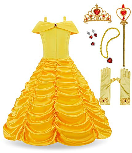 FUNNA Princess Belle Costume Dress for Girls Toddler Dress Up with Accessories, Yellow, 5