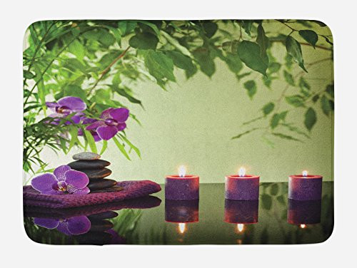 Ambesonne Spa Bath Mat, Stones Aromatic Candles and Orchids Blooms Treatment Vacation, Plush Bathroom Decor Mat with Non Slip Backing, 29.5" X 17.5", Green Purple