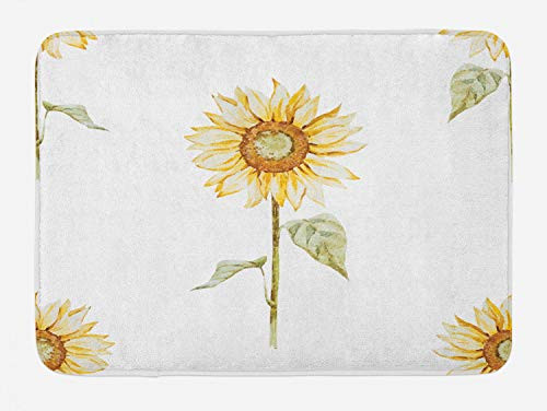Ambesonne Sunflower Bath Mat, Sunflowers with Watercolor Painting Effect and in Minimalistic Design Artwork, Plush Bathroom Decor Mat with Non Slip Backing, 29.5" X 17.5", Yellow Green