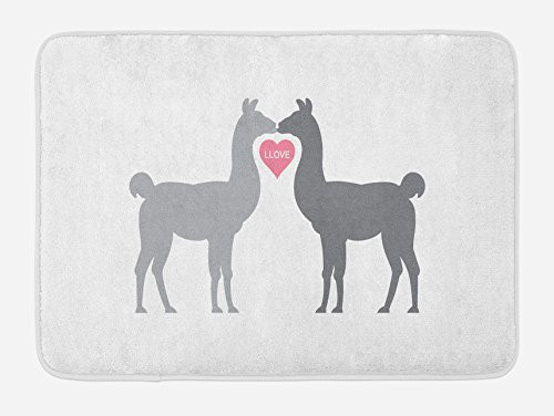 Ambesonne Llama Bath Mat, 2 Animals in Love with a Heart Between Them LLove Words Greyscale Animals, Plush Bathroom Decor Mat with Non Slip Backing, 29.5" X 17.5", Grey Pink