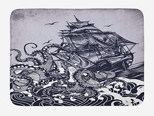 Ambesonne Nautical Bath Mat, Octopus and Ship in a Storm Marine Elements with Wavy Ocean, Plush Bathroom Decor Mat with Non Slip Backing, 29.5" X 17.5", Blue Purple