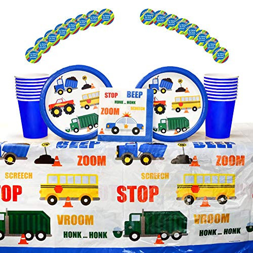 Traffic Jam Party Supplies Pack for 16 Guests Including Paper Cups, Paper Dessert Plates, Paper Beverage Napkins, Stickers, and Plastic Table Cover (Bundle for 16)