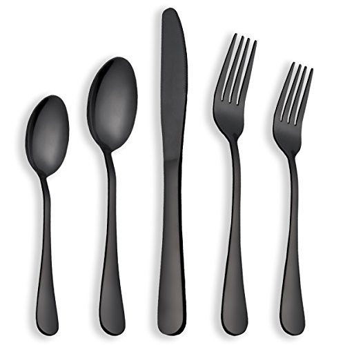 Berglander Flatware Set Shiny Black Gold, 20 Piece Black Flatware, 20 Piece Black Titanium Flatware, 20 Piece Black Gold Plated Stainless Steel Silverware Set Cutlery Sets, Service for 4(Shiny Black)