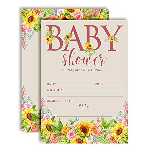 Watercolor Sunflower and Peony Floral Baby Sprinkle Baby Shower Invitations, 20 5"x7" Fill in Cards with Twenty White Envelopes by AmandaCreation