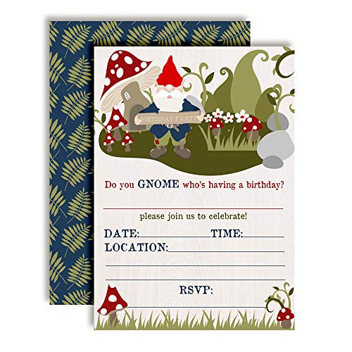 Garden Gnome Themed Birthday Party Invitations, 20 5"x7" Fill in Cards with Twenty White Envelopes by AmandaCreation Garden Gnome Themed Birthday Party Invitations, 20 5"x7" Fill in Cards with Twenty White Envelopes by AmandaCreation