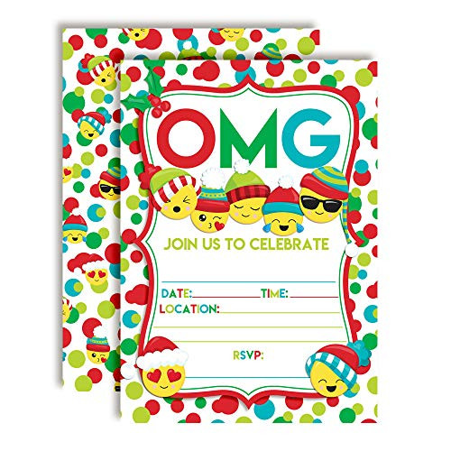 OMG! Holiday Emoji Christmas Birthday Party Invitations, 20 5"x7" Fill in Cards with Twenty White Envelopes by AmandaCreation