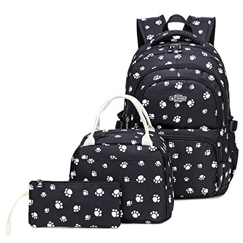 Goldwheat Footprint School Backpacks Set for Girls Kids Primary Junior High School Bags Bookbag with Lunch Bag Pencil Case