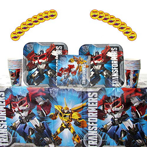 Transformers Party Supplies Pack for 16 Guests: Stickers, Dinner Plates, Luncheon Napkins, Cups, and Table Cover