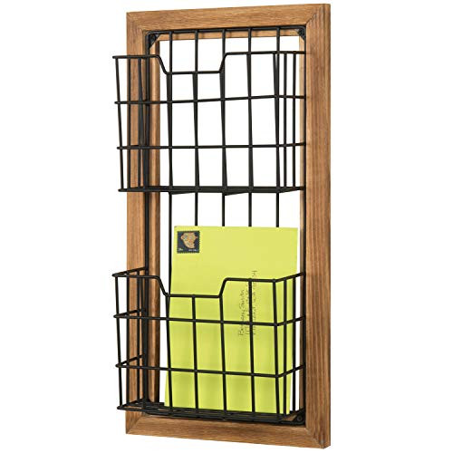 MyGift 2-Tier Rustic Burnt Wood & Black Metal Wire Wall Mounted Mail Sorter