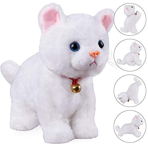 White Plush Cat Stuffed Animal Interactive Cat Robot Toy, Robotic Cat Barking Meow Kitten Touch Control, Electronic Cat Pet, Robot Cat Kitty Toy, Animated Toy Cats for Girls Baby Kids L:12" H:8"