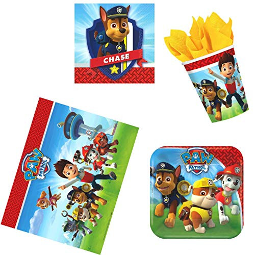 ParteePak Paw Patrol Birthday Party Bundle | Disposable Tableware Supplies Pack for 16 Guests | Includes Plates, Napkins, Cups, Cutlery, Table Cover and Party Planning eBook Basic
