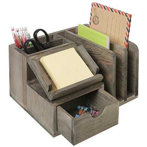 MyGift Rustic Gray Wood Desktop Office Organizer w/Sticky Note Pad Holder, Mail Sorter & Pullout Drawer