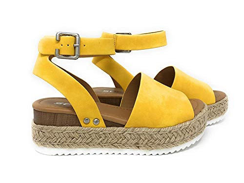SODA Casual Espadrilles Trim Rubber Sole Flatform Studded Wedge Buckle Ankle Strap Open Toe Sandal (6.5 M US, Yellow)