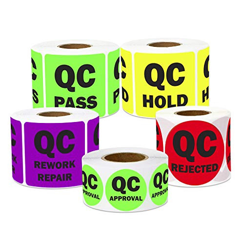 1500 Labels - Quality Control Sticker Bundle for Quality Control Inventory Warehouse (1 Inch, Green, Lt Green, Yellow, Red, Purple - 5 Rolls)