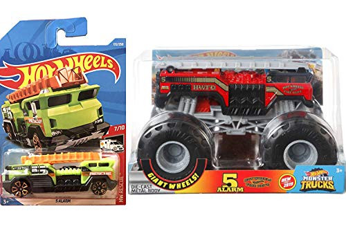 Hot Wheels Red Fire #2 Big Action 2019 5 Alarm Ladder Firetruck Monster Engine 1:24 Scale Green Five Alarm Mini Version HW Rescue 2 Items Jam Bundle