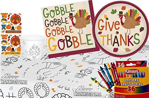 TLP Online Thanksgiving Kids Table Coloring and Activity Party Supply Pack: Bundle Includes Paper Plates, Napkins, Treat Cups with Stickers, Playskool Crayons and Paper Activity Table Cover