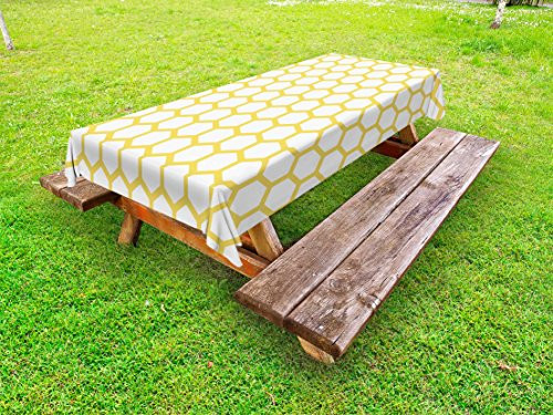 Ambesonne Yellow and White Outdoor Tablecloth, Hexagonal Pattern Honeycomb Beehive Simplistic Geometrical Monochrome, Decorative Washable Picnic Table Cloth, 58" X 84", Yellow White