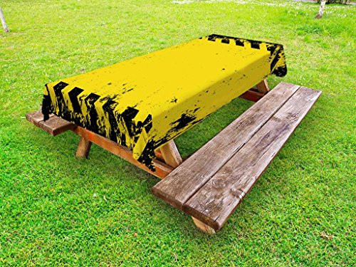Ambesonne Vintage Yellow Outdoor Tablecloth, Hazard Theme Caution Construction Tape Illustration with Grunge Look, Decorative Washable Picnic Table Cloth, 58" X 84", Yellow Black
