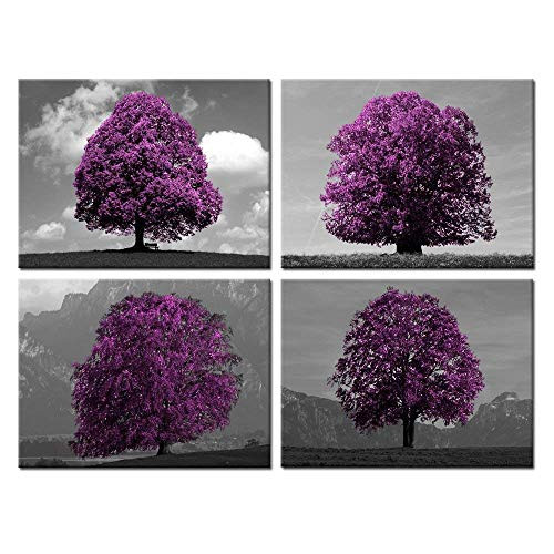 Kreative Arts Black White and Purple Tree Canvas Print Wall Art Landscape Picture Stretched and Framed Artwork for Home Decor Ready to Hang 12x16inchx4pcs