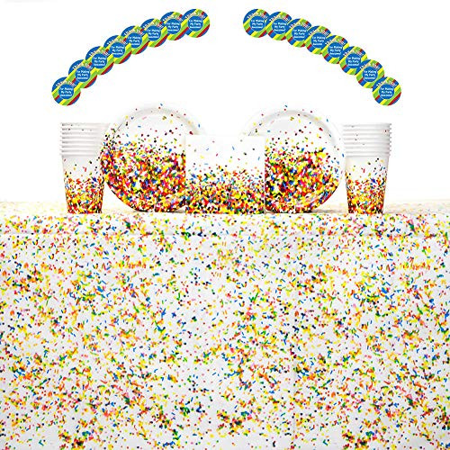 Sprinkles Confetti Party Supplies Pack for 16 Guests Including Paper Cups, Paper Dessert Plates, Paper Beverage Napkins, Stickers, and Plastic Table Cover (Bundle for 16)