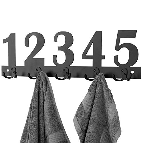 MyGift 5 Dual Hook Wall Mounted Black Metal 12345 Numbers Towel Rack