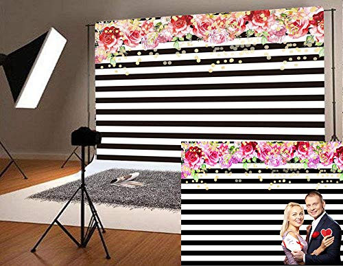 Qian Photography Backdrops Black White Stripe Background Pink Rose Flower Birthday Party Wedding Photo Studio Booth 9x6FT