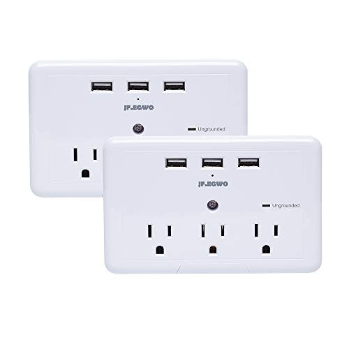 2 Pack Multiple Wall Plug USB Outlet Outlet Extender, 3 AC Outlets 3 USB Wall Charger Outlet Plugs, Wall Mount Surge Protector Outlet USB Charging Port, 918 Joules Outlet Adapter by JF.EGWO, White