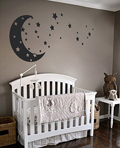 Moon and Stars Night Sky Vinyl Wall Art Decal Sticker Design for Nursery Room DIY Mural Decoration (Black, 30x65 inches)