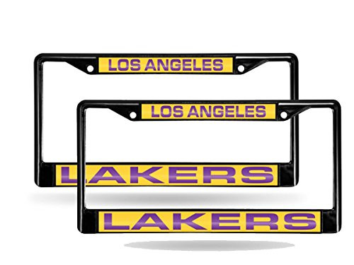 Rico Los Angeles LA Lakers Black Metal (2) Laser License Plate Frame Set