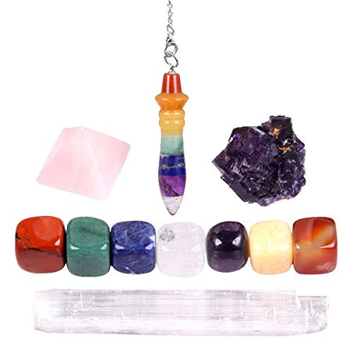 mookaitedecor 7 Chakra Crystals Healing Stones Kit / 11 Pc, Tumbled Stone Set, Purple Fluorite Cluster, Rose Quartz Pyramid, Selenite & Pendulum for Reiki Balancing