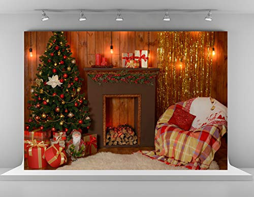 Kate 7x5ft Christmas Fireplace Photography Backdrops Xmas Tree Backdrop Presents Gifts Decoration Backgrounds Brown Wooden Wall Background for Photoshoot