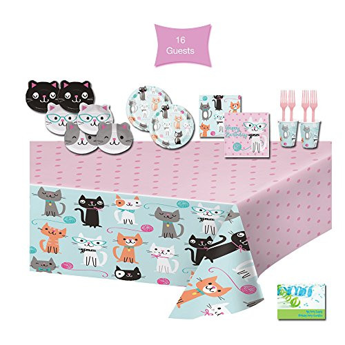 Cat Party Supplies Cat Themed Birthday Party Supplies - Tableware for 16 Guests - Plates, Napkins, Cups, Forks, & Tablecloth