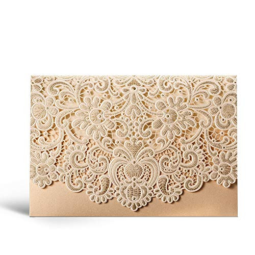 WISHMADE Laser Cut Wedding Invitations Gold Pocket Invite Cards with Envelopes Wedding Invites Kit Lace Flora Favors Blank Printable Cardstock for Engagement Bridal Shower CW072 (20 Pieces)