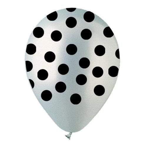 CTI latex balloons 950073 ALL- ALL-ROUND METALLIC SILVER W/BLACK POLKA DOTS, 12",