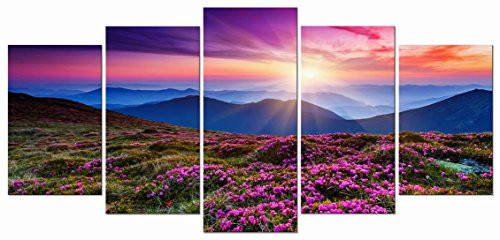 Wieco Art Mountains in Sunrise 5 Panels Giclee Canvas Prints Wall Art Purple Landscape Pictures Photo Paintings for Living Room Bedroom Home Decorations Modern Stretched and Framed Grace Artwork