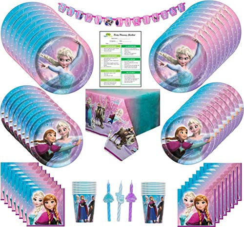 Disney Frozen Birthday Party Supplies Pack: Big/Small Plates, Cups, Napkins, Table Cover, Banner, Candles - 16 Guests